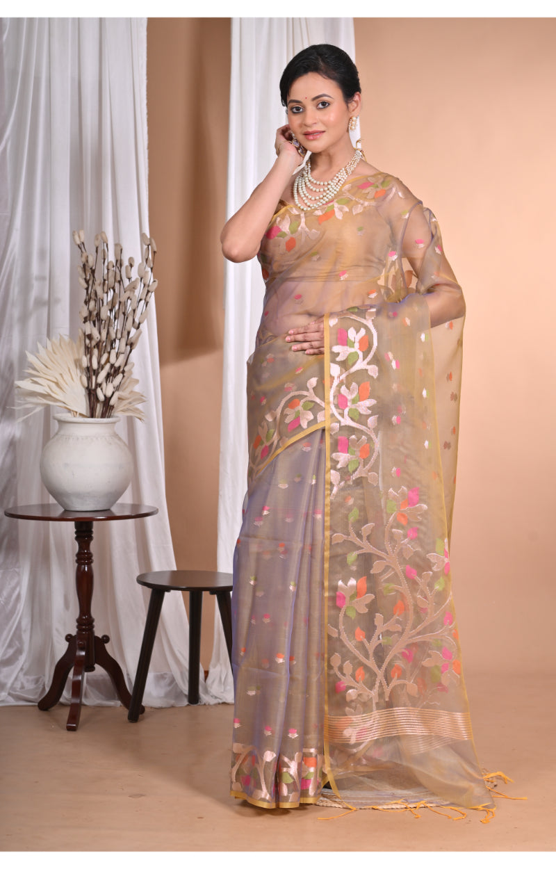 Morchari Heavy Jamdani Silk Orzanga Saree-Mehendi | Grocsy