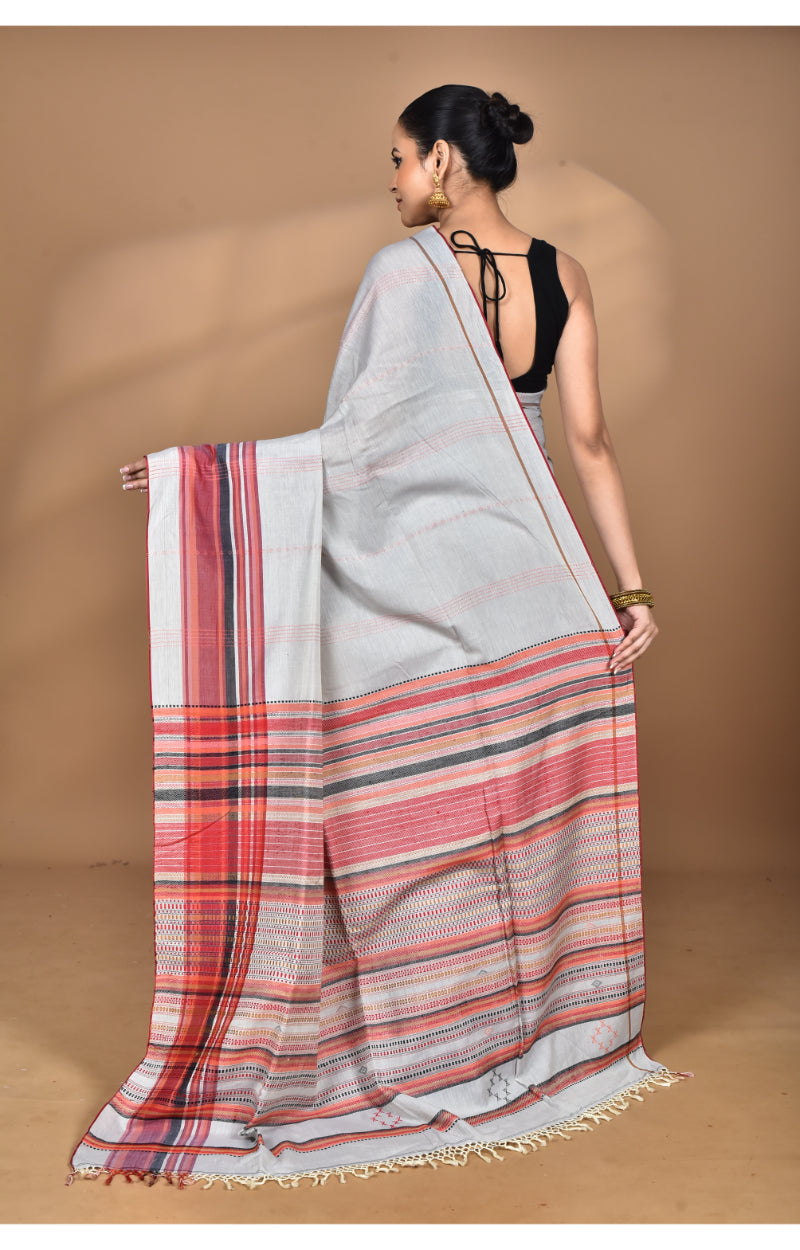 Morchari Pure Cotton Dhakai Jamdani Handloom Saree-Grey | Grocsy