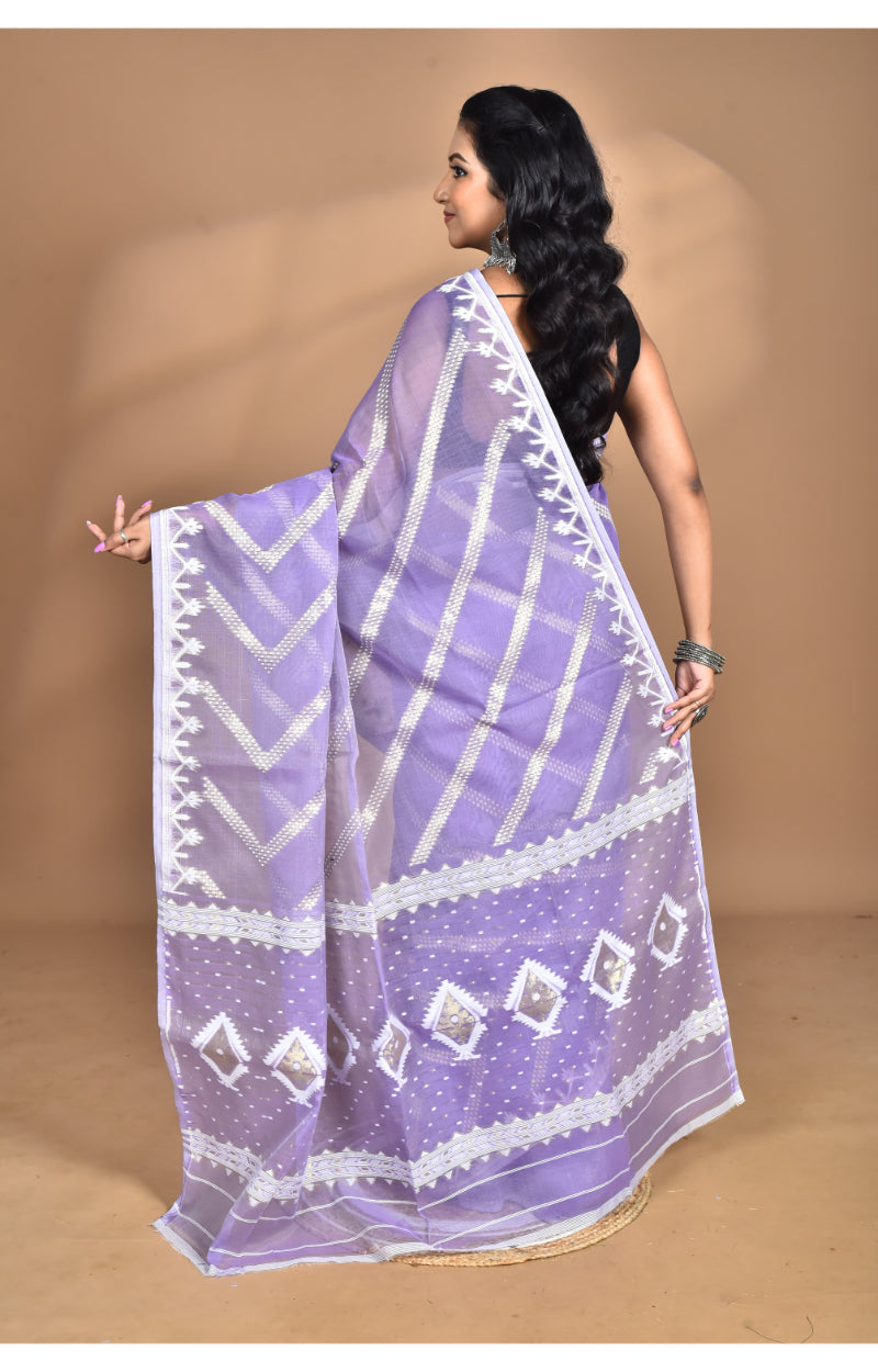 Morchari Pure Cotton Dhakai Jamdani Handloom Saree-Purple | Grocsy