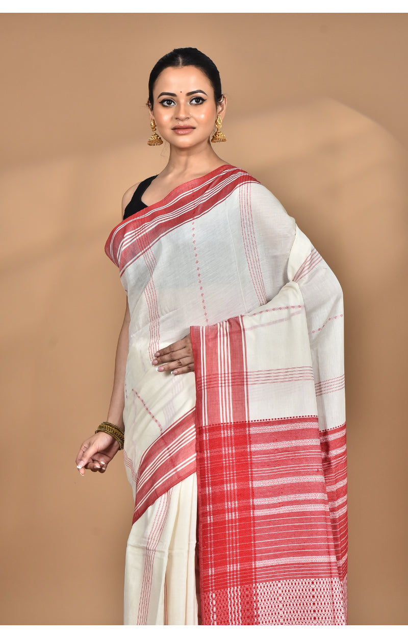 Morchari Pure Cotton Dhakai Jamdani Handloom Saree-Off White | Grocsy