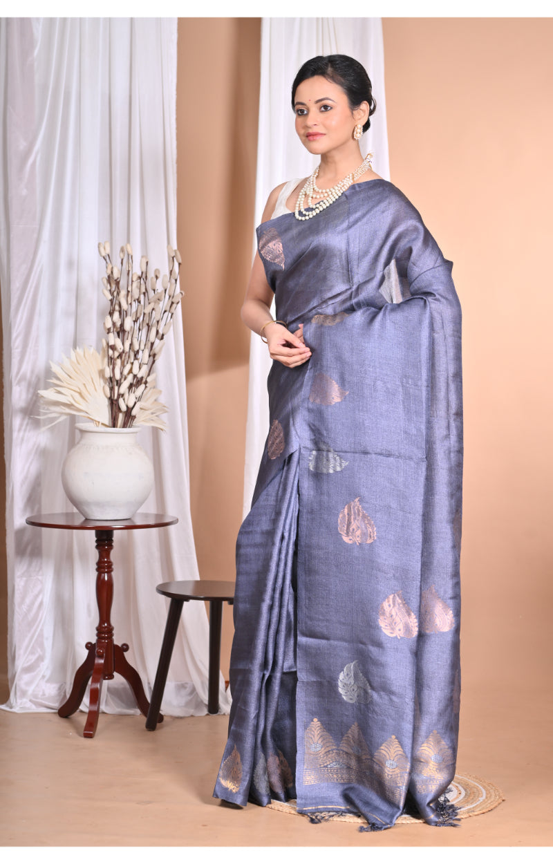 Morchari Pure Tussar Silk Handloom Saree-Grey | Grocsy