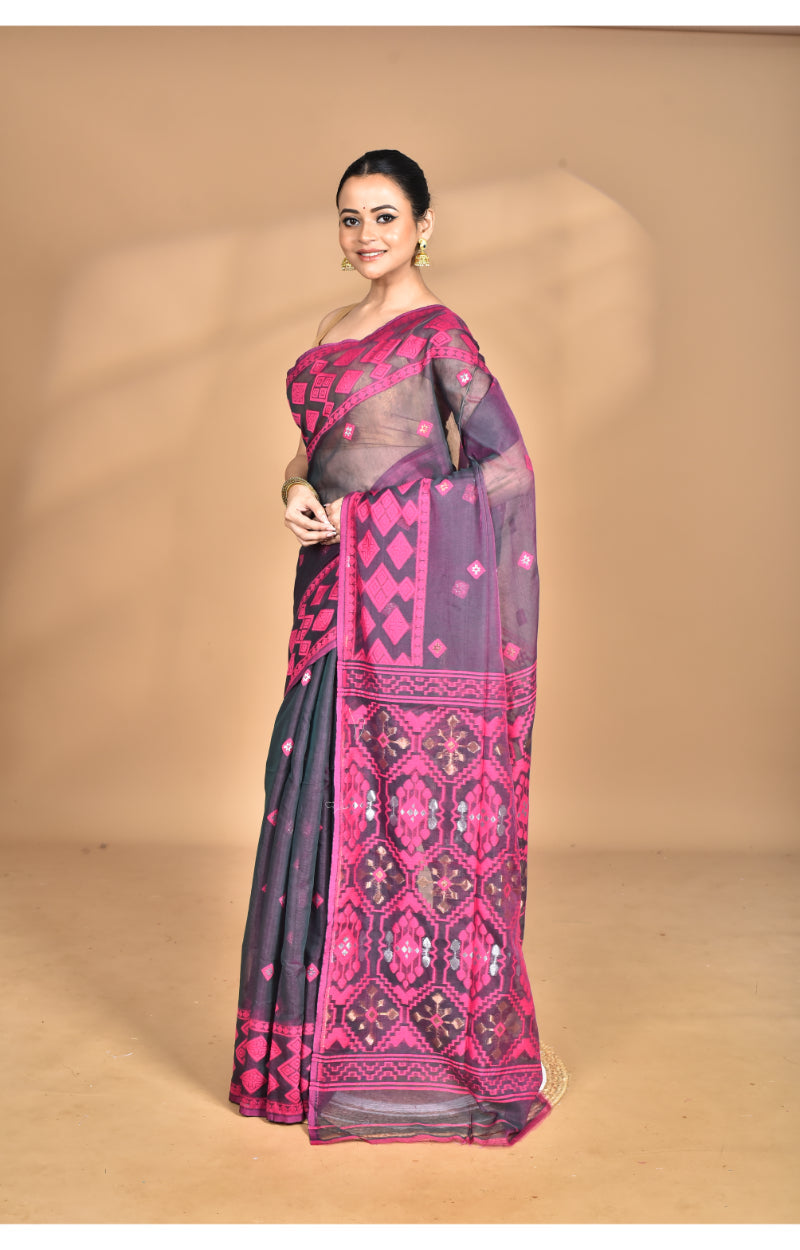 Morchari Pure Cotton Dhakai Jamdani Handloom Saree-Magenta | Grocsy