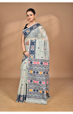 Morchari Pure Cotton Dhakai Jamdani Handloom Saree-Grey | Grocsy
