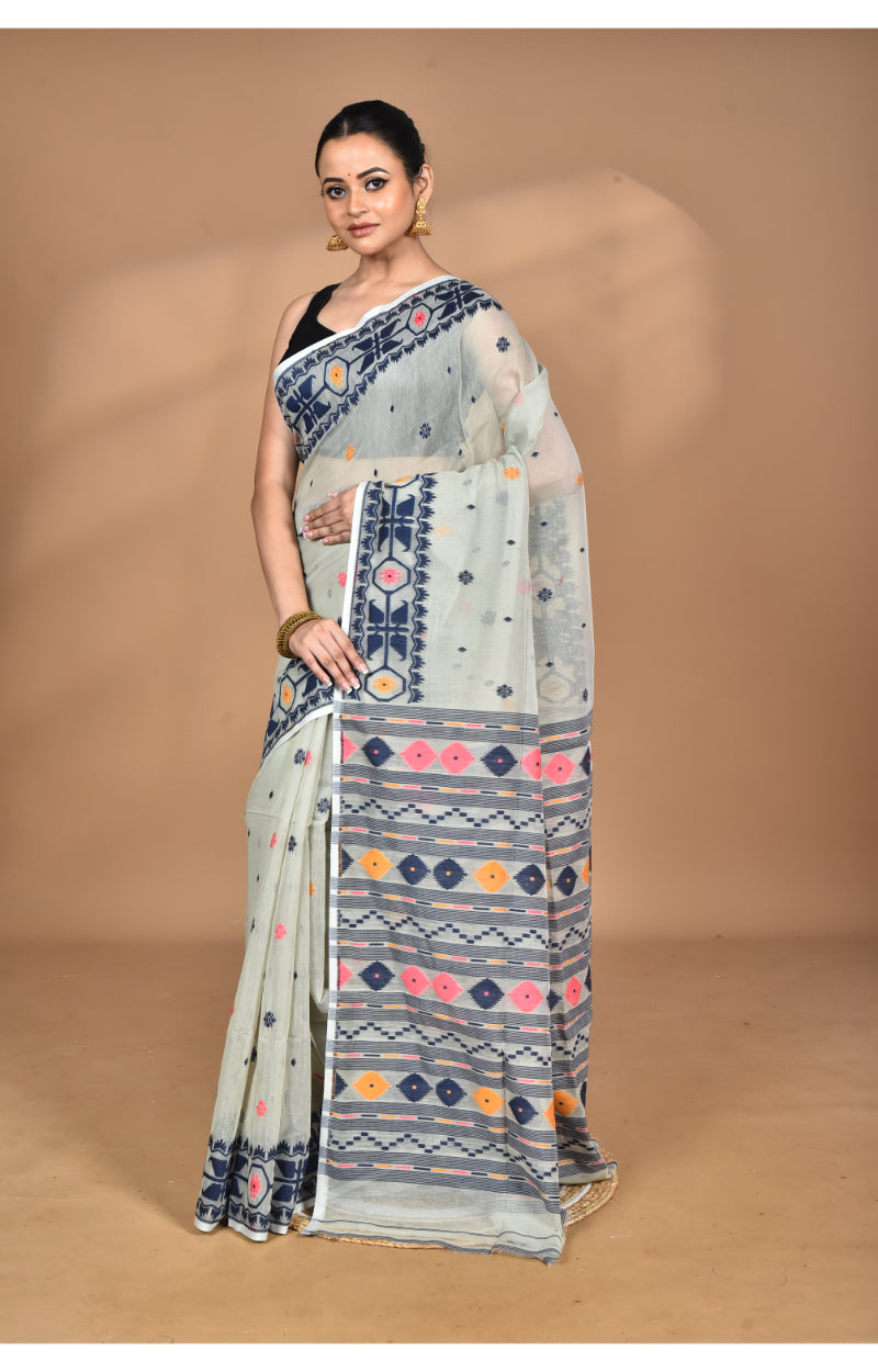 Morchari Pure Cotton Dhakai Jamdani Handloom Saree-Grey | Grocsy