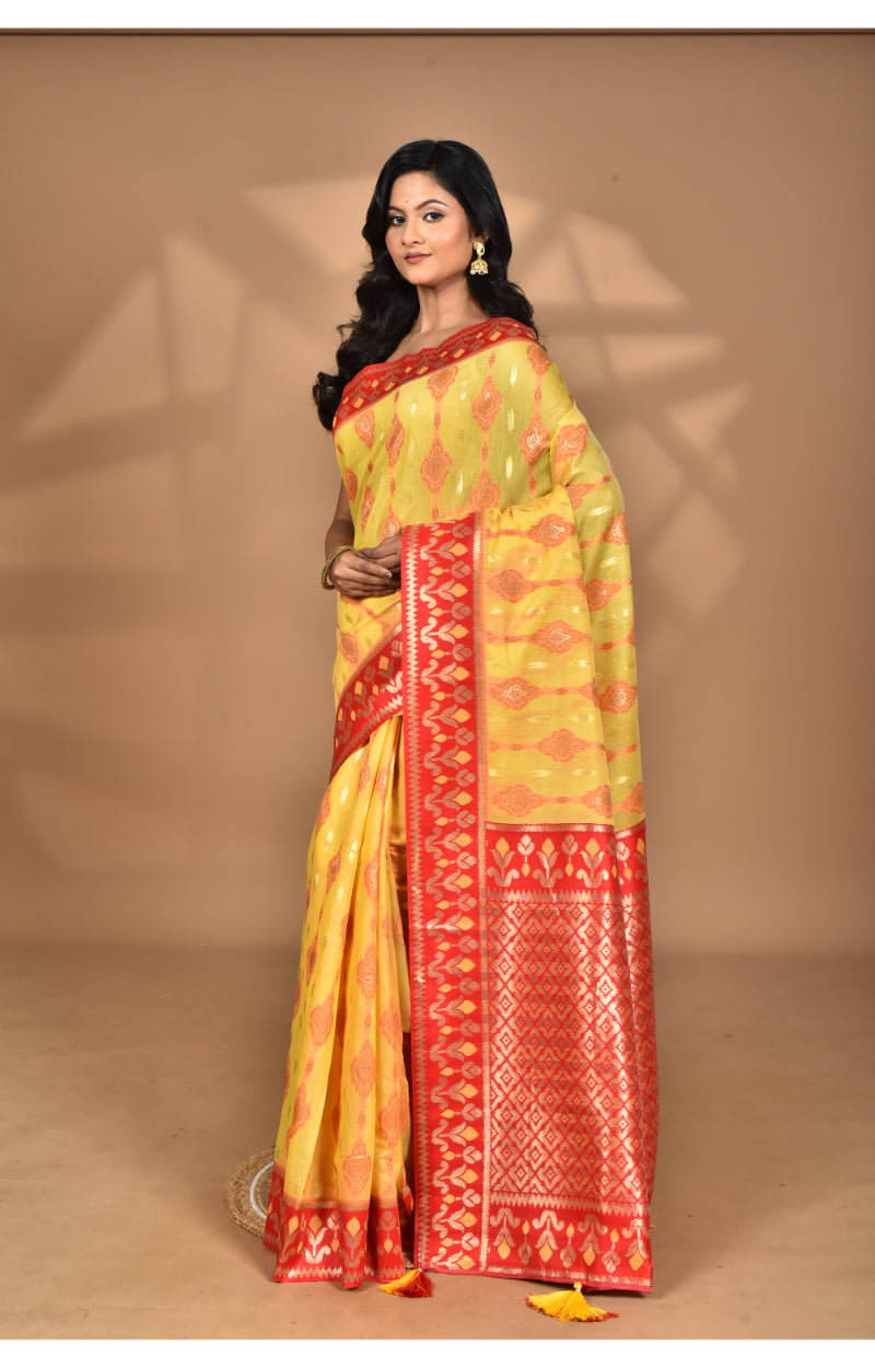 Morchari Women Desgin Kashmiri Silk Linen Saree-Yellow | Grocsy