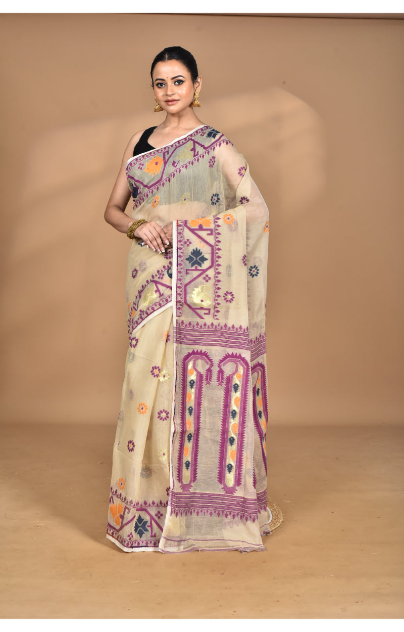 Morchari Pure Cotton Dhakai Jamdani Handloom Saree-Beige | Grocsy