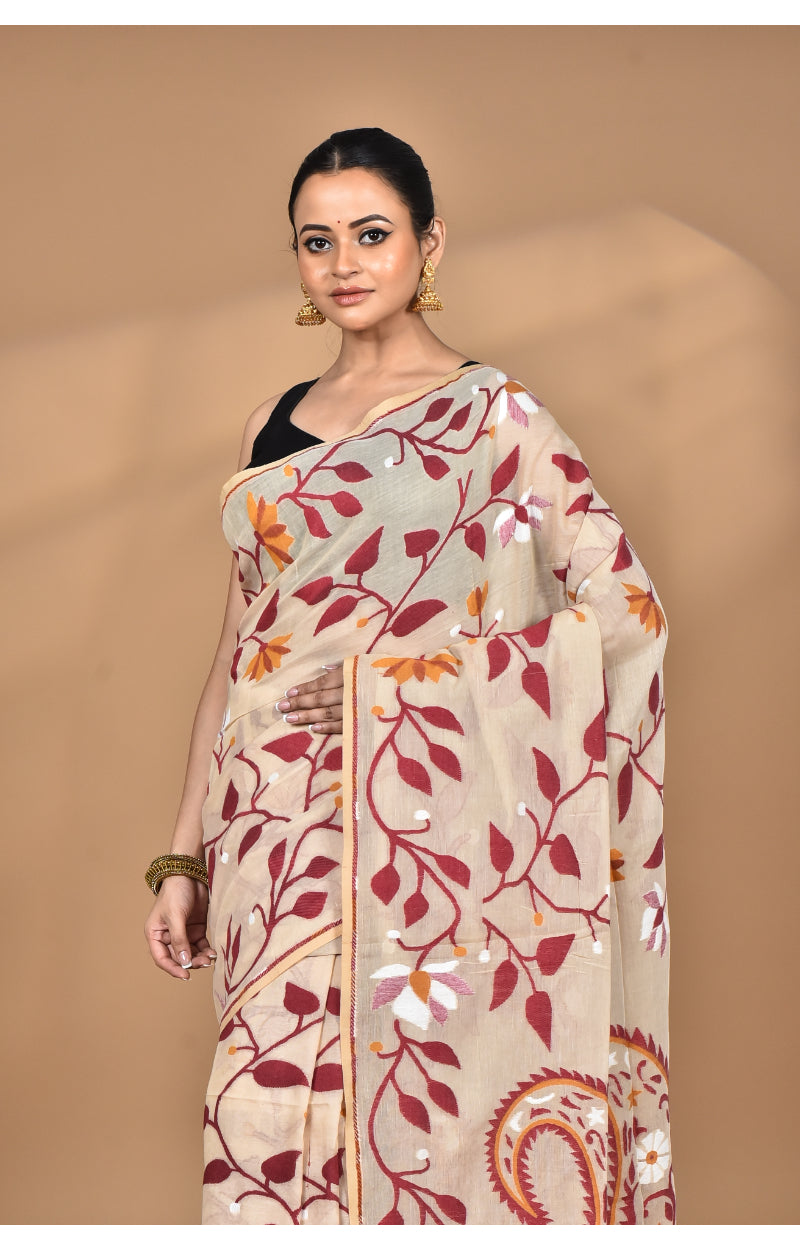 Morchari Pure Cotton Dhakai Jamdani Handloom Saree-Burlywood | Grocsy