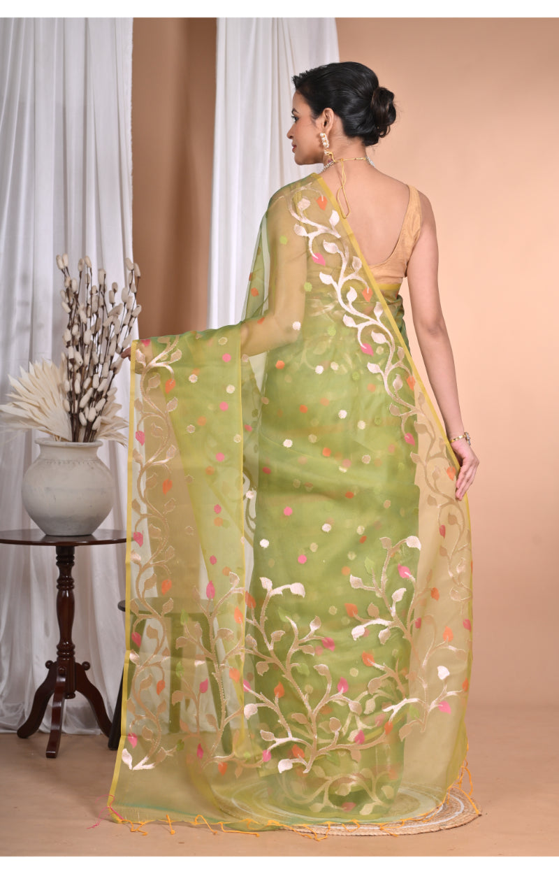Morchari Heavy Jamdani Silk Orzanga Saree-Green | Grocsy