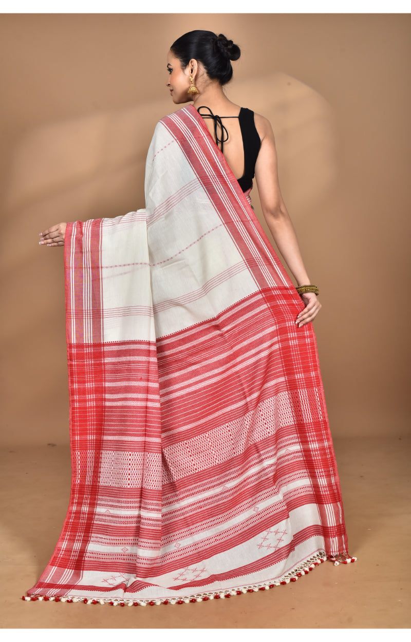 Morchari Pure Cotton Dhakai Jamdani Handloom Saree-Off White | Grocsy