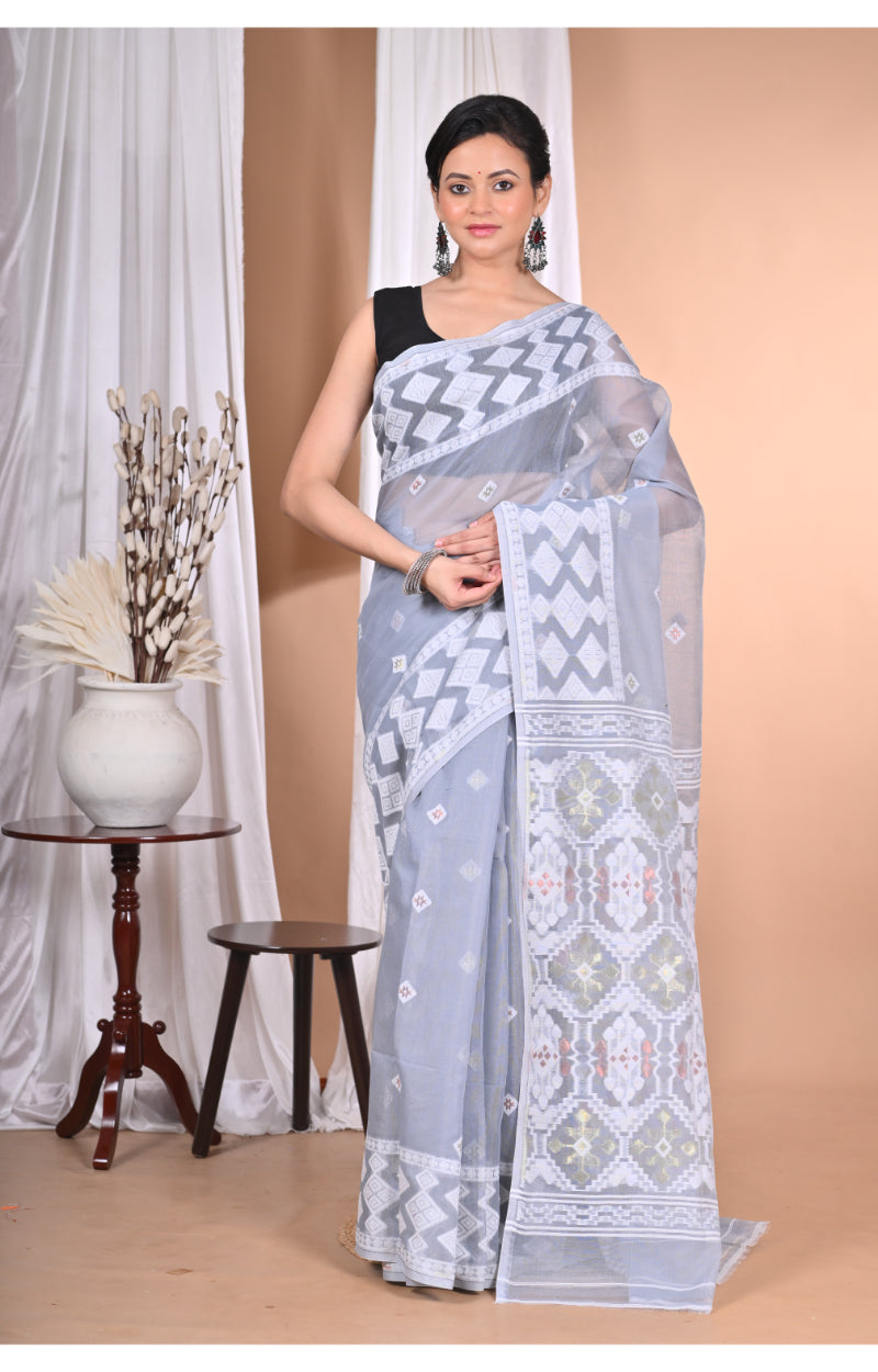 Morchari Pure Cotton Dhakai Jamdani Handloom Saree-Grey | Grocsy