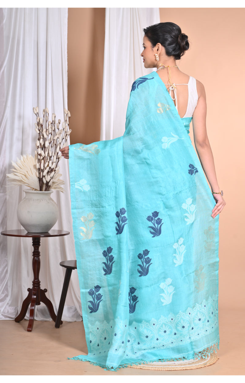 Morchari Pure Tussar Silk Handloom Saree-Blue | Grocsy