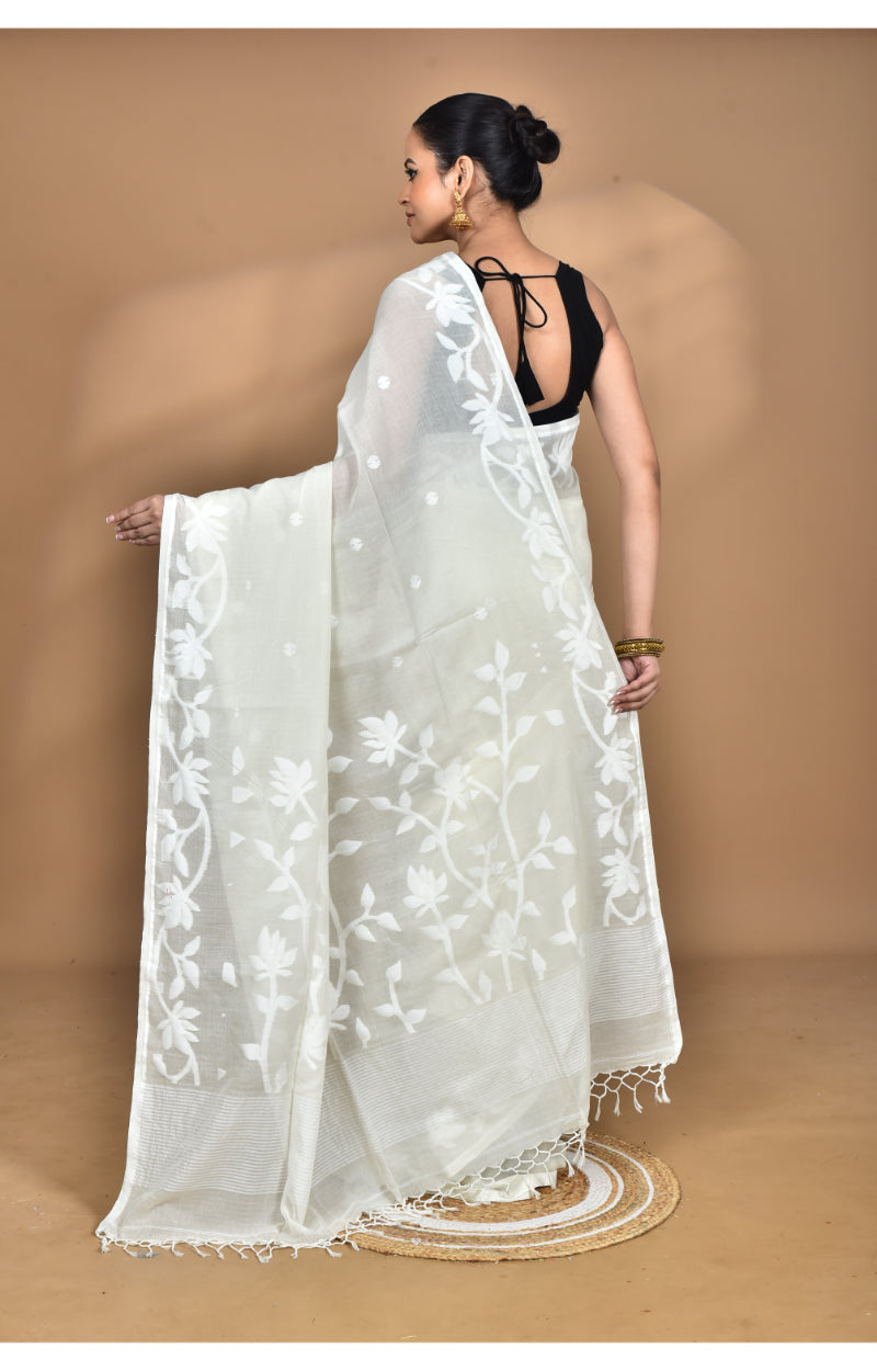 Morchari Pure Cotton Dhakai Jamdani Handloom Saree-Cream | Grocsy