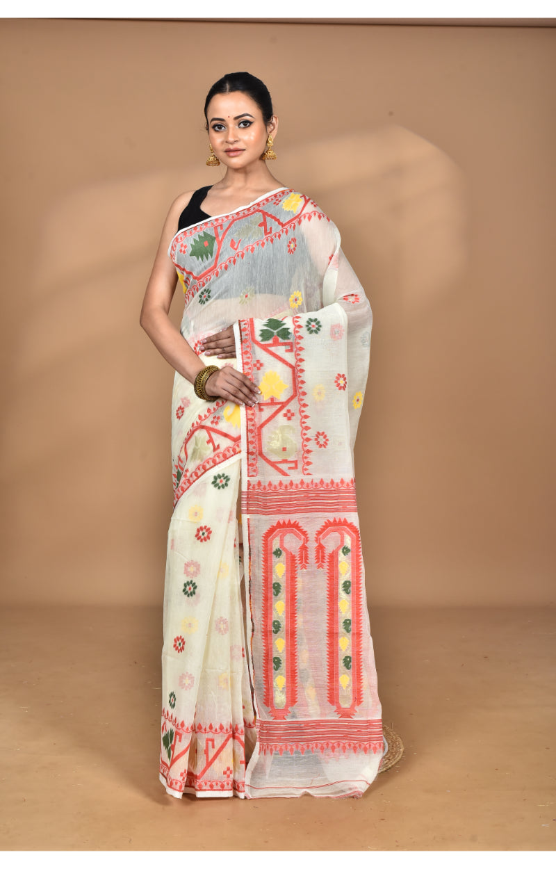 Morchari Pure Cotton Dhakai Jamdani Handloom Saree-Cream | Grocsy