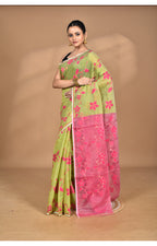 Morchari Pure Cotton Dhakai Jamdani Handloom Saree-Green | Grocsy
