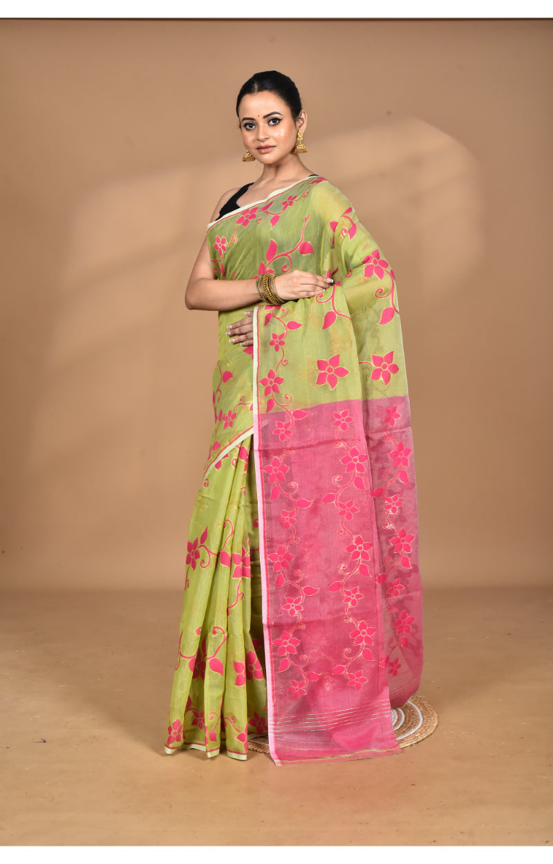 Morchari Pure Cotton Dhakai Jamdani Handloom Saree-Green | Grocsy
