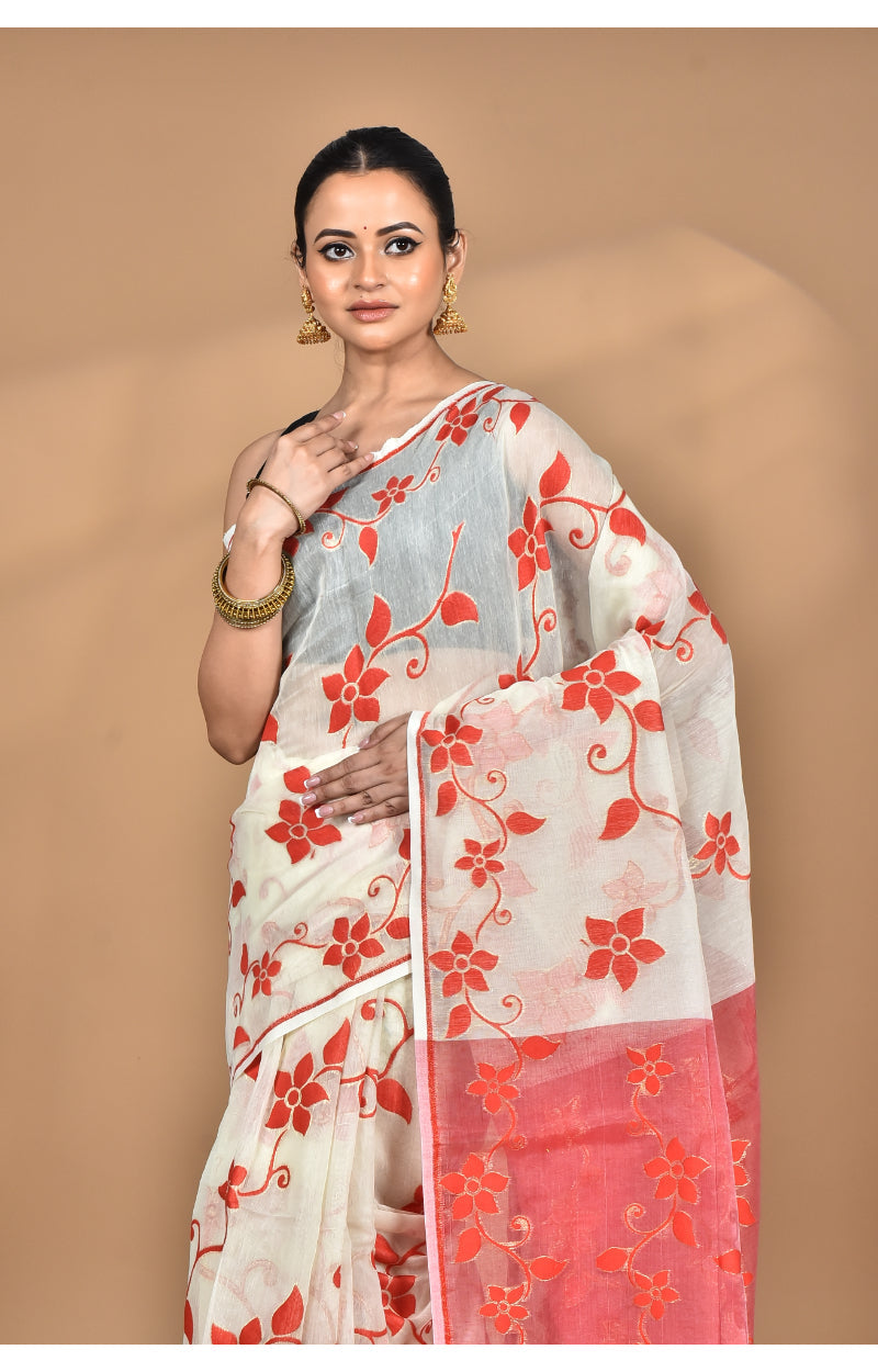 Morchari Pure Cotton Dhakai Jamdani Handloom Saree-Off White | Grocsy