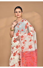 Morchari Pure Cotton Dhakai Jamdani Handloom Saree-Off White | Grocsy