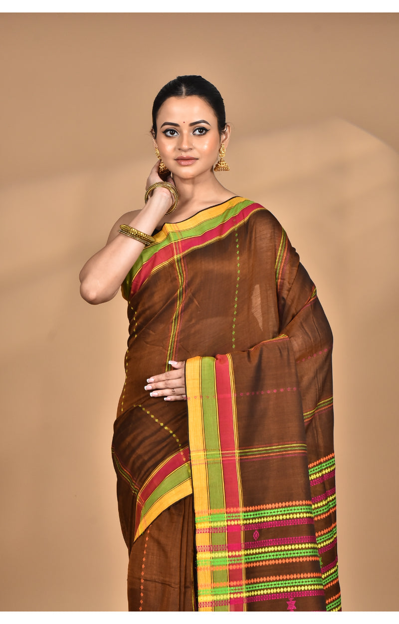 Morchari Pure Cotton Dhakai Jamdani Handloom Saree-Brown | Grocsy