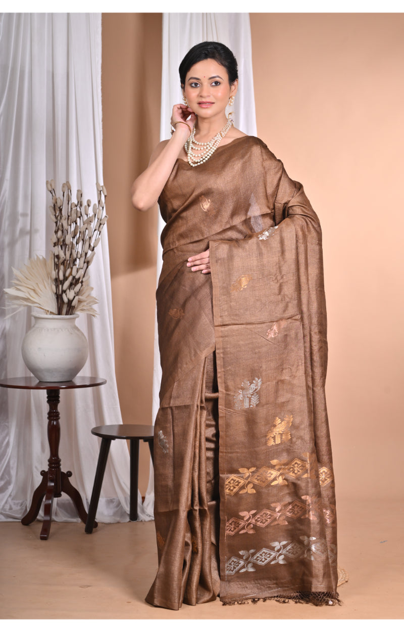 Morchari Pure Tussar Silk Handloom Saree-Coffee Brown | Grocsy