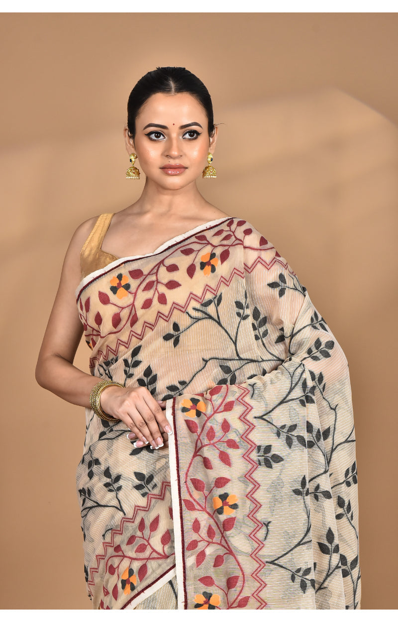 Morchari Pure Cotton Dhakai Jamdani Handloom Saree-Beige | Grocsy