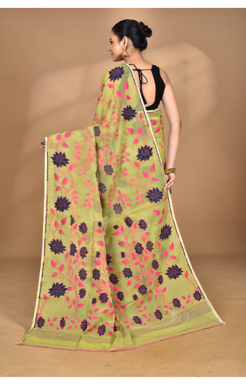 Morchari Pure Cotton Dhakai Jamdani Handloom Saree-Green | Grocsy
