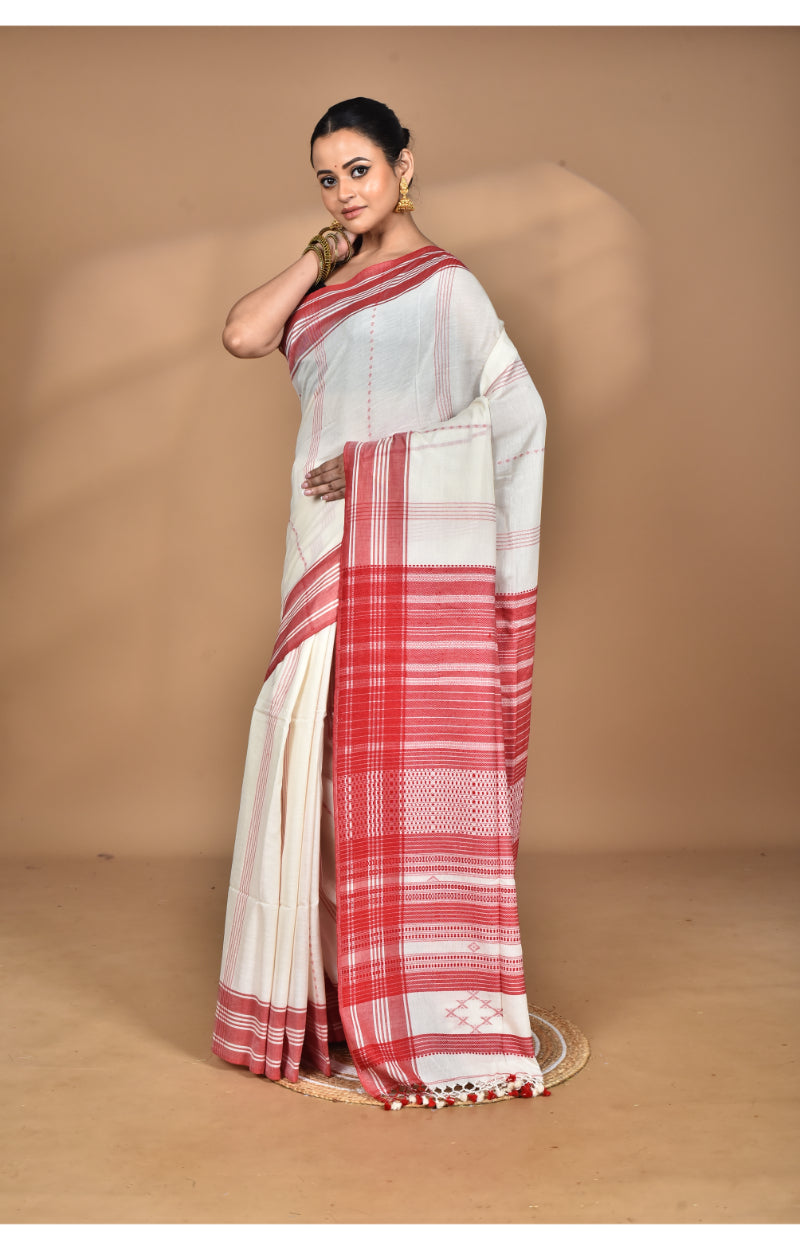 Morchari Pure Cotton Dhakai Jamdani Handloom Saree-Off White | Grocsy
