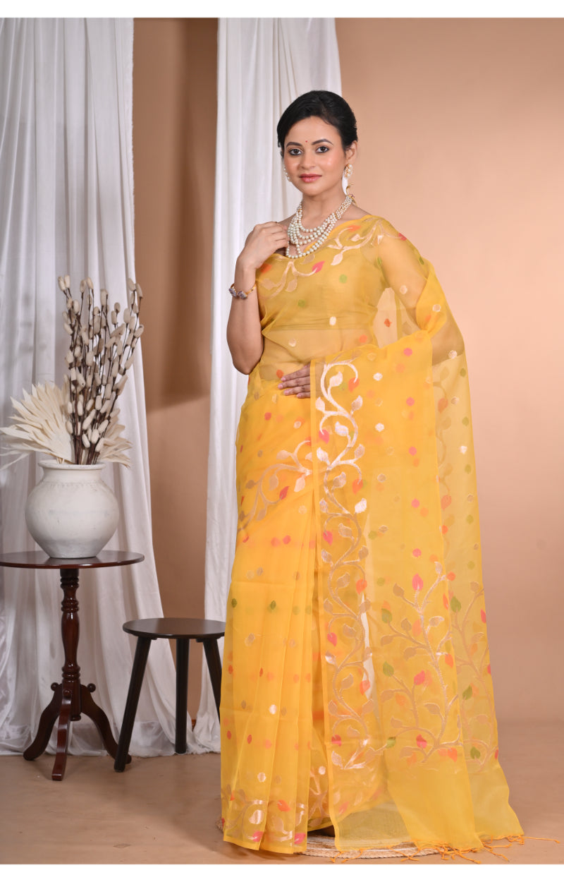 Morchari Heavy Jamdani Silk Orzanga Saree-Yellow | Grocsy