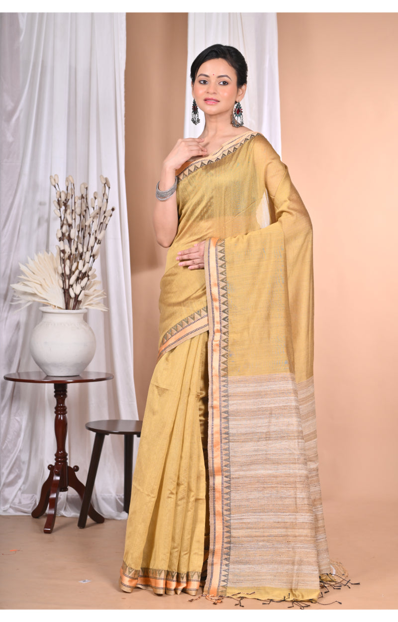 Morchari Pure Cotton Dhakai Jamdani Handloom Saree-Light Golden | Grocsy