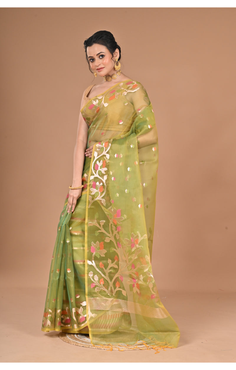 Morchari Heavy Jamdani Silk Orzanga Saree-Green | Grocsy