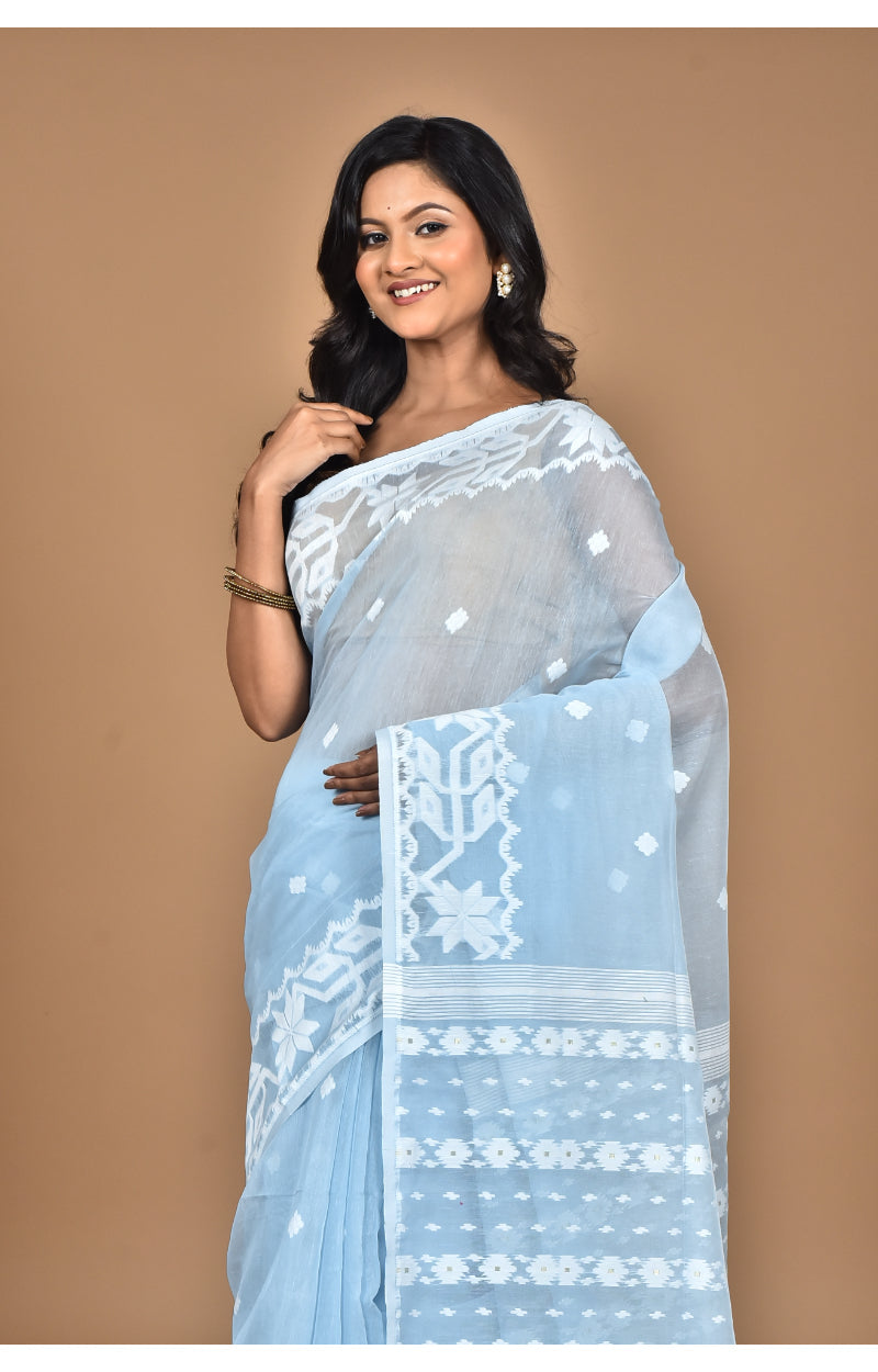 Morchari Pure Cotton Dhakai Jamdani Handloom Saree-Blue | Grocsy