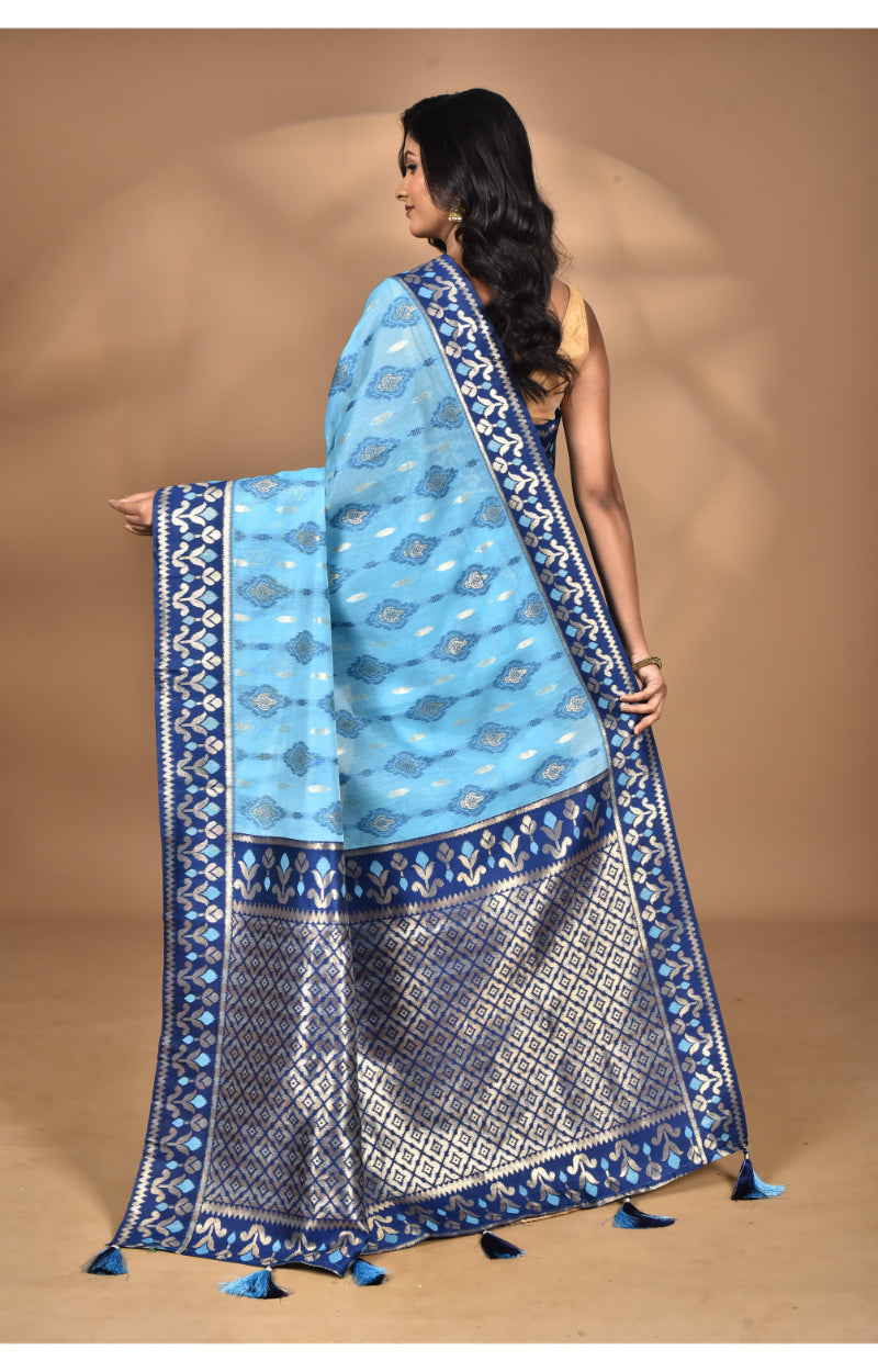 Morchari Women Desgin Kashmiri Silk Linen Saree-Blue | Grocsy