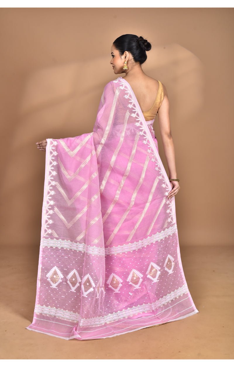 Morchari Pure Cotton Dhakai Jamdani Handloom Saree-Pink | Grocsy