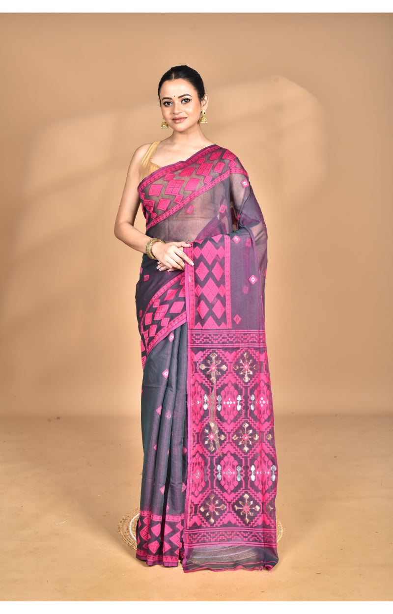 Morchari Pure Cotton Dhakai Jamdani Handloom Saree-Magenta | Grocsy