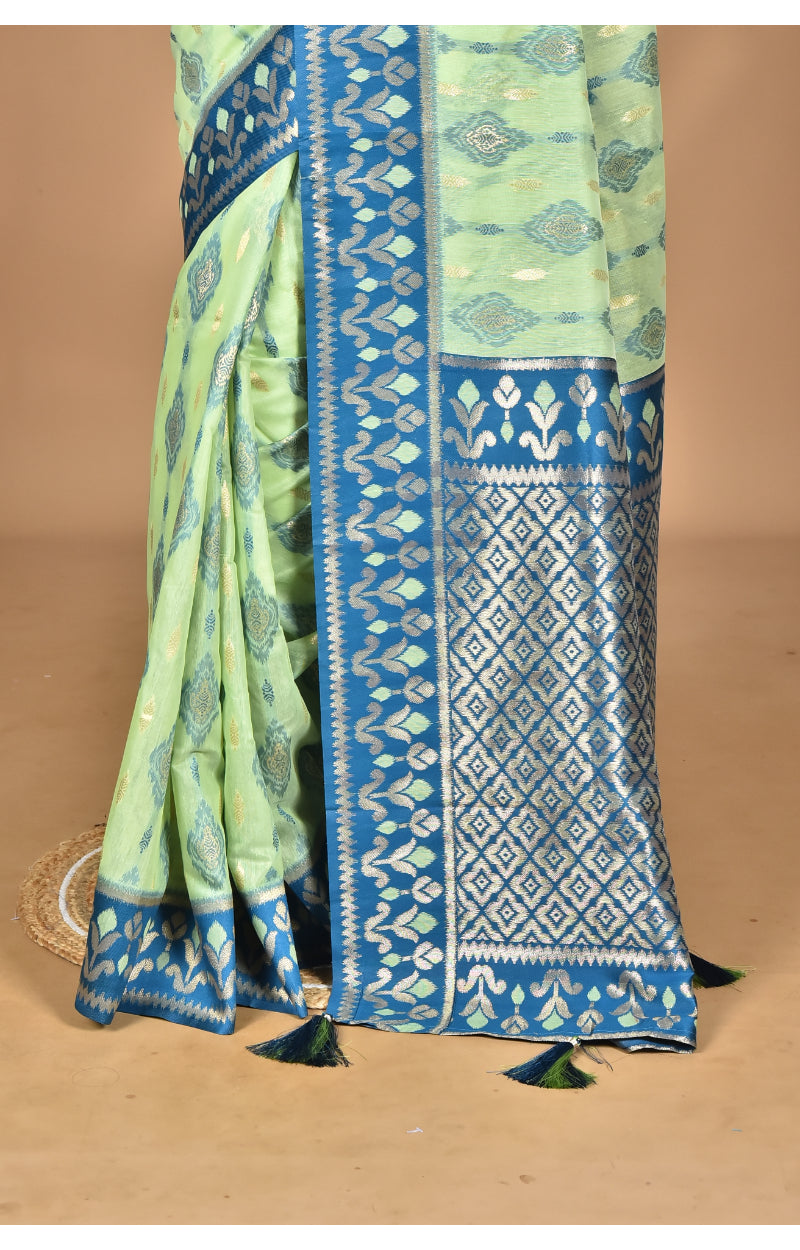 Morchari Women Desgin Kashmiri Silk Linen Saree-Green | Grocsy