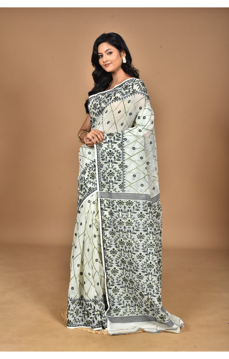 Morchari Pure Cotton Dhakai Jamdani Handloom Saree-Cream | Grocsy