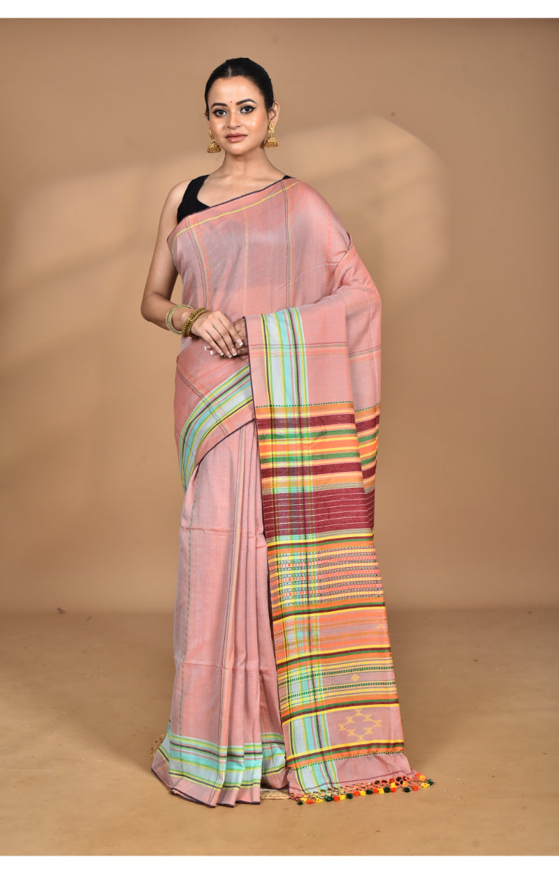 Morchari Pure Cotton Dhakai Jamdani Handloom Saree-Peach | Grocsy