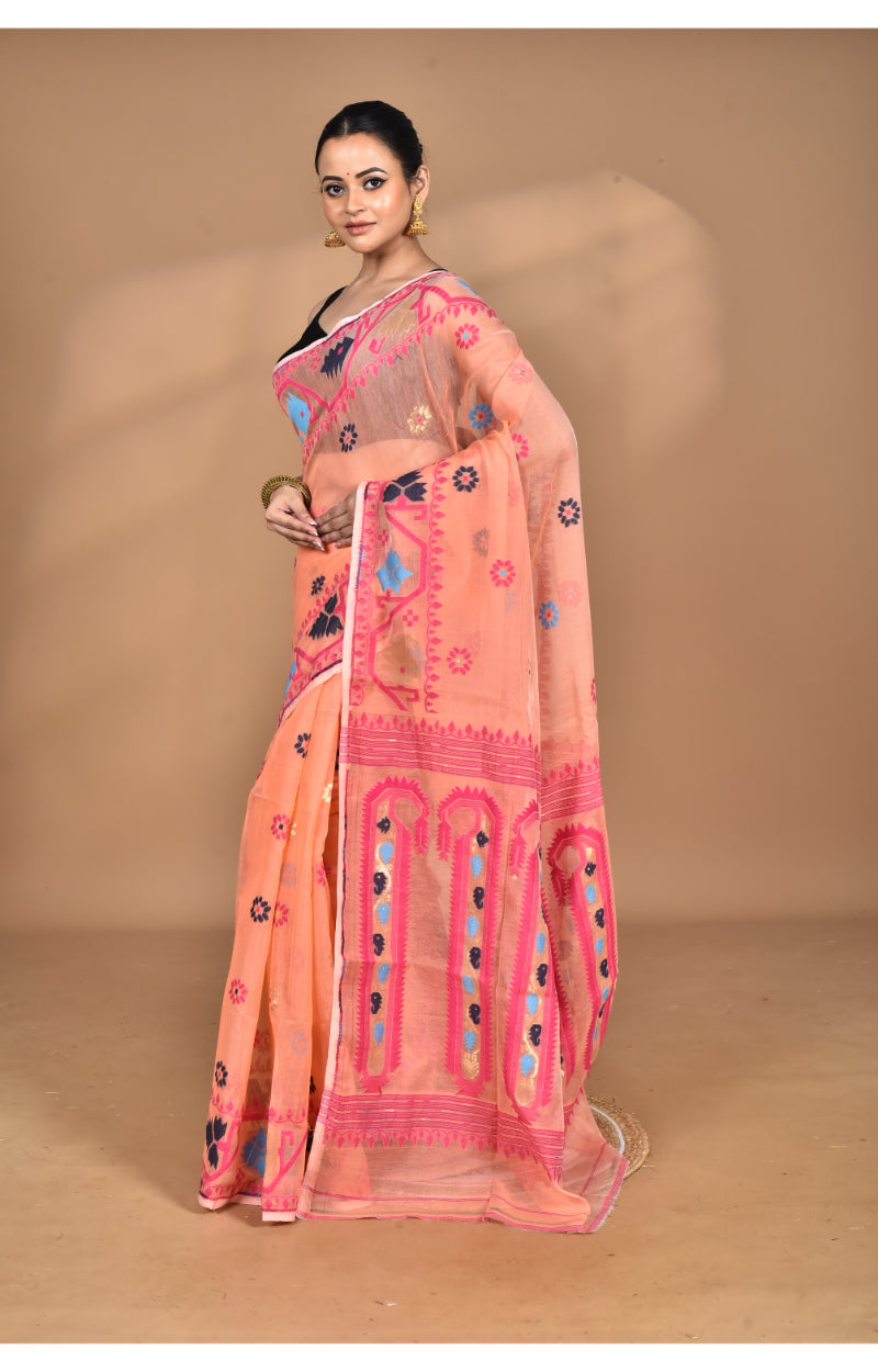Morchari Pure Cotton Dhakai Jamdani Handloom Saree-Peach | Grocsy