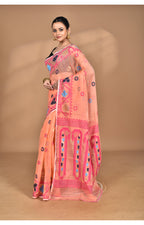 Morchari Pure Cotton Dhakai Jamdani Handloom Saree-Peach | Grocsy