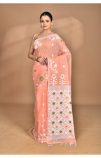Morchari Pure Cotton Dhakai Jamdani Handloom Saree-Peach | Grocsy