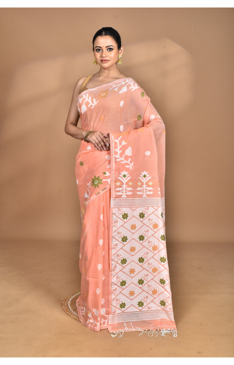 Morchari Pure Cotton Dhakai Jamdani Handloom Saree-Peach | Grocsy