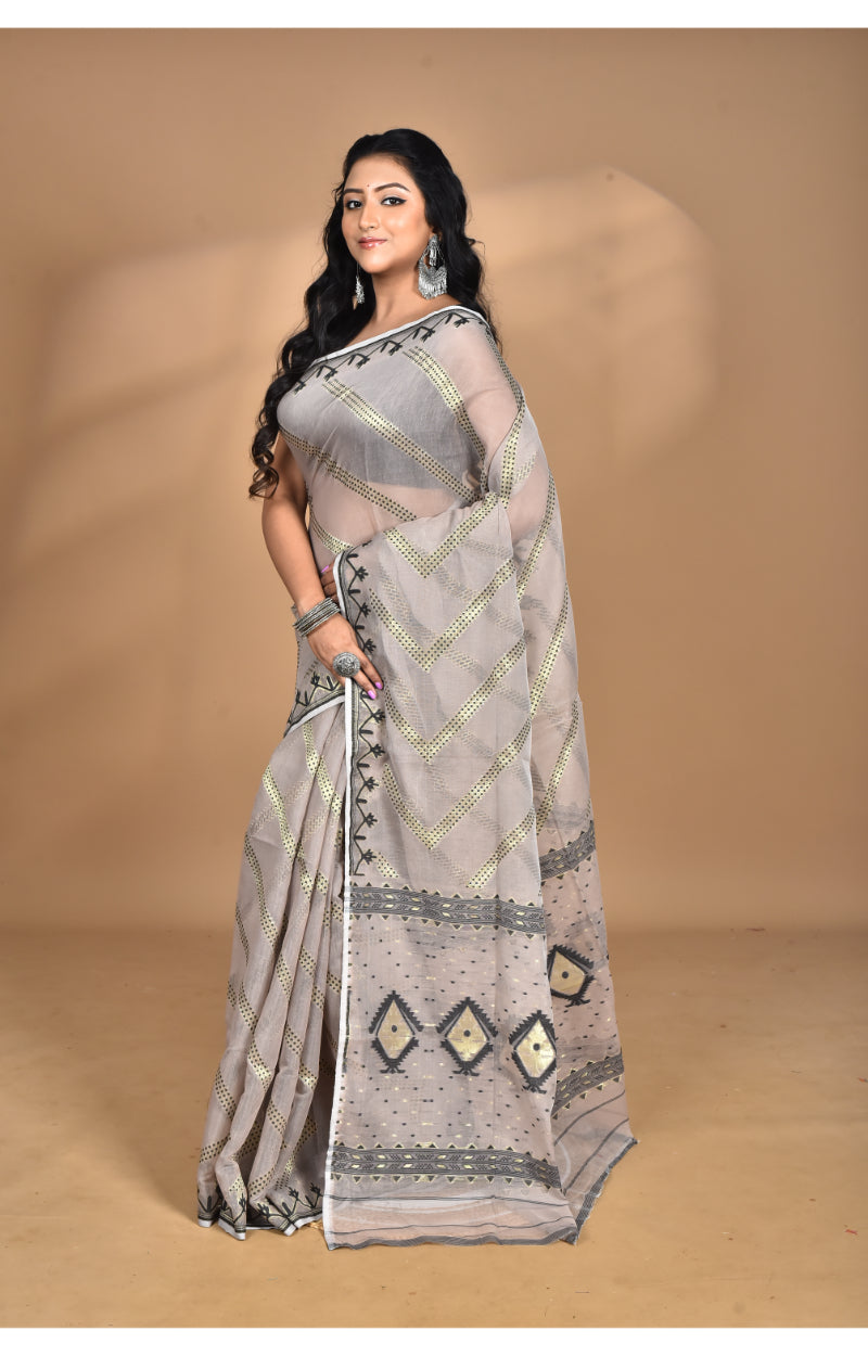 Morchari Pure Cotton Dhakai Jamdani Handloom Saree-Beige | Grocsy