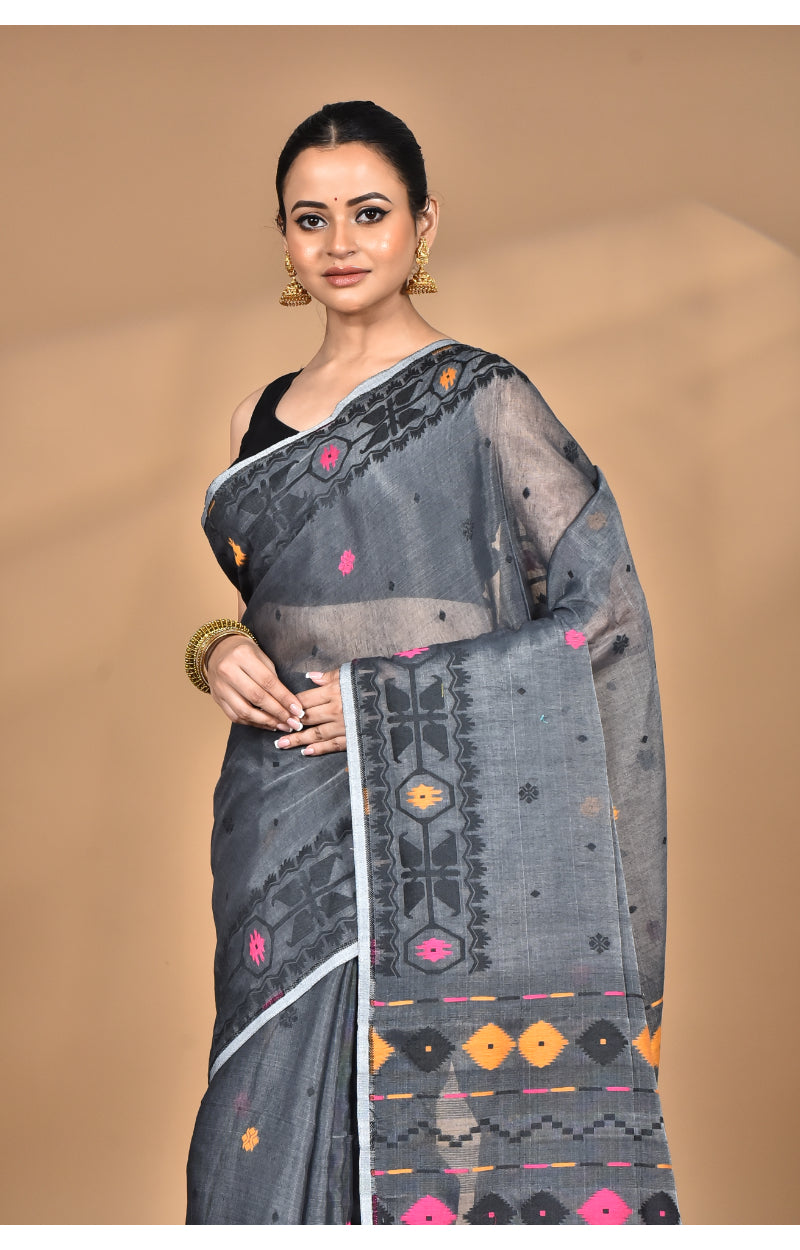 Morchari Pure Cotton Dhakai Jamdani Handloom Saree-Grey | Grocsy