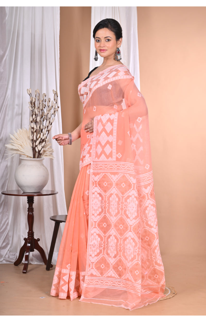 Morchari Pure Cotton Dhakai Jamdani Handloom Saree-Peach | Grocsy