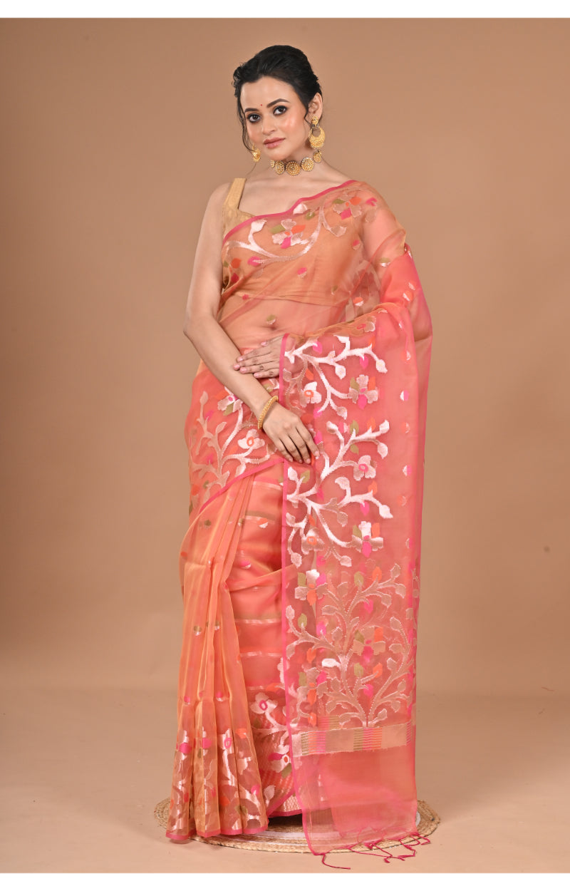 Morchari Semi Orzanga Jamdani Silk Saree-Peach | Grocsy