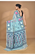 Morchari Pure Cotton Dhakai Jamdani Handloom Saree-Blue | Grocsy