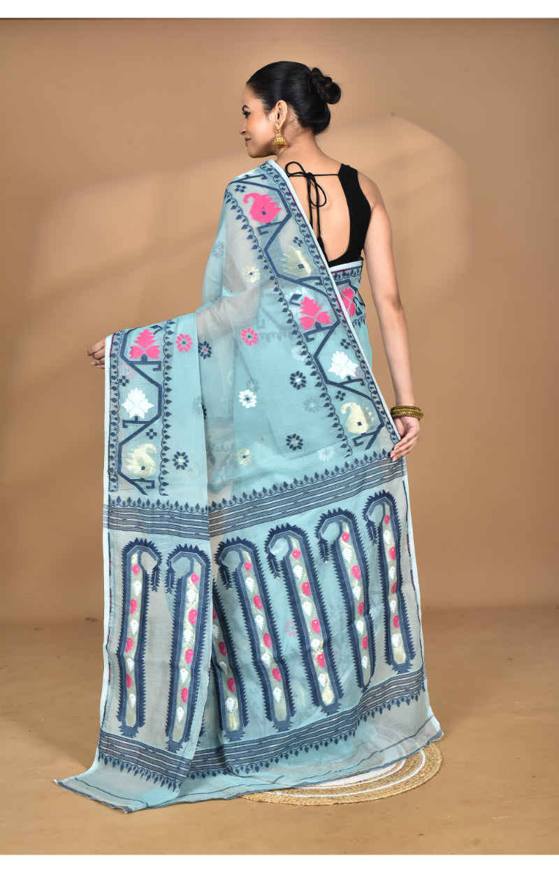 Morchari Pure Cotton Dhakai Jamdani Handloom Saree-Blue | Grocsy