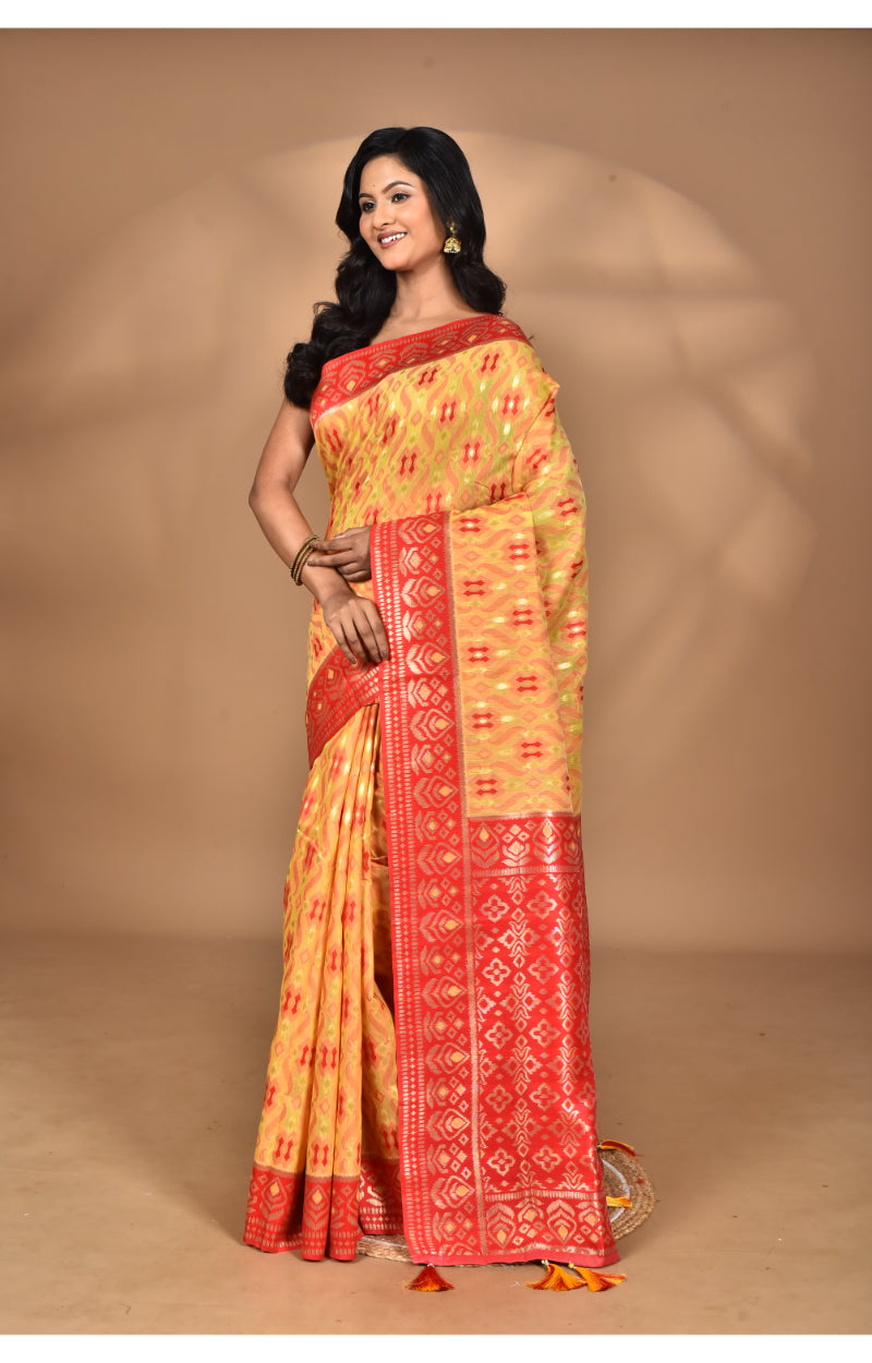 Morchari Women Desgin Kashmiri Silk Linen Saree-Yellow | Grocsy