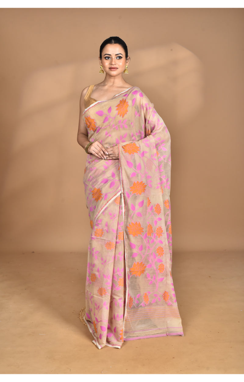 Morchari Pure Cotton Dhakai Jamdani Handloom Saree-Multi | Grocsy