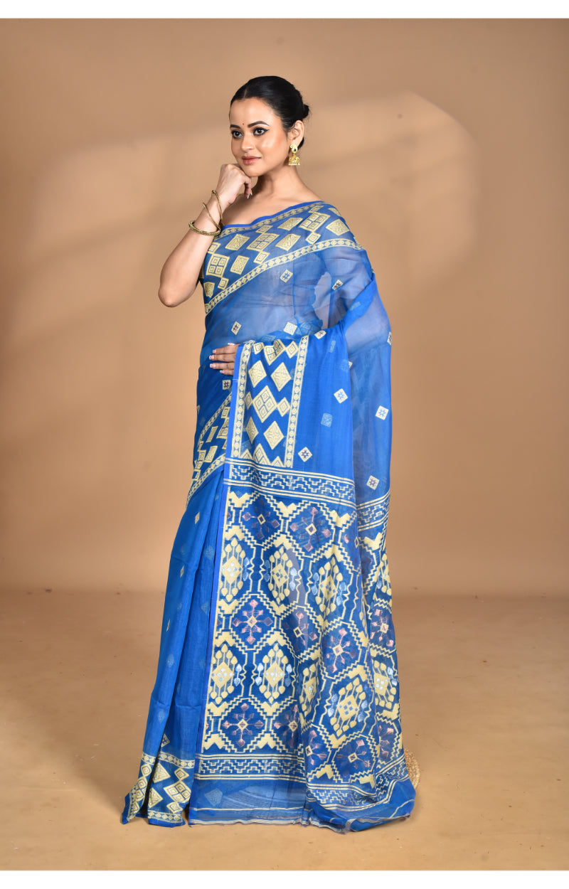 Morchari Pure Cotton Dhakai Jamdani Handloom Saree-Navy Blue | Grocsy