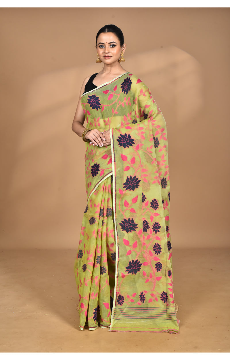Morchari Pure Cotton Dhakai Jamdani Handloom Saree-Green | Grocsy